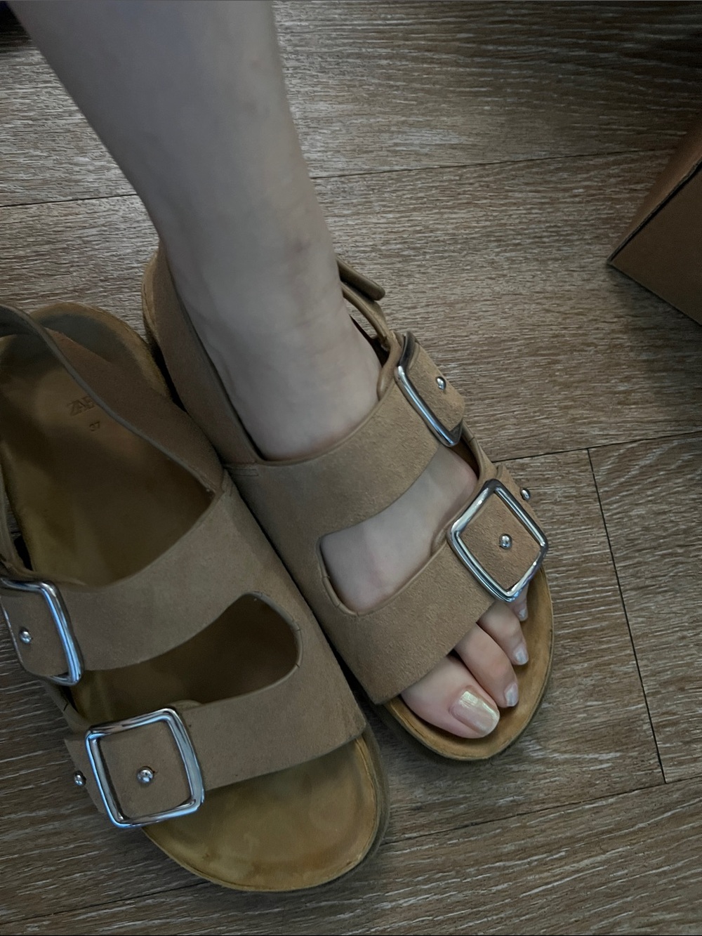 Zara Suede Double-Buckle Slide Sandals in Taupe - Picture 5 of 5